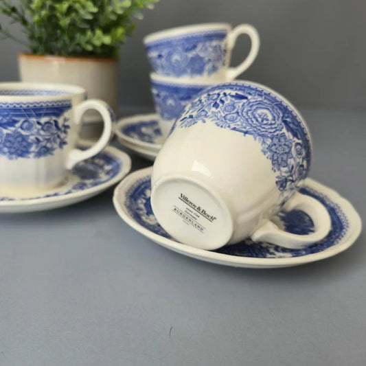 Set aus 4 Kaffeetassen mit Untertellern - Villeroy & Boch Burgenland Blau - Schwarze Bodenmarke