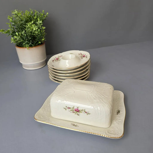 Rosenthal - Sanssouci - Butterdose und 6 Eierbecher - Moosrose in elfenbeinfarben