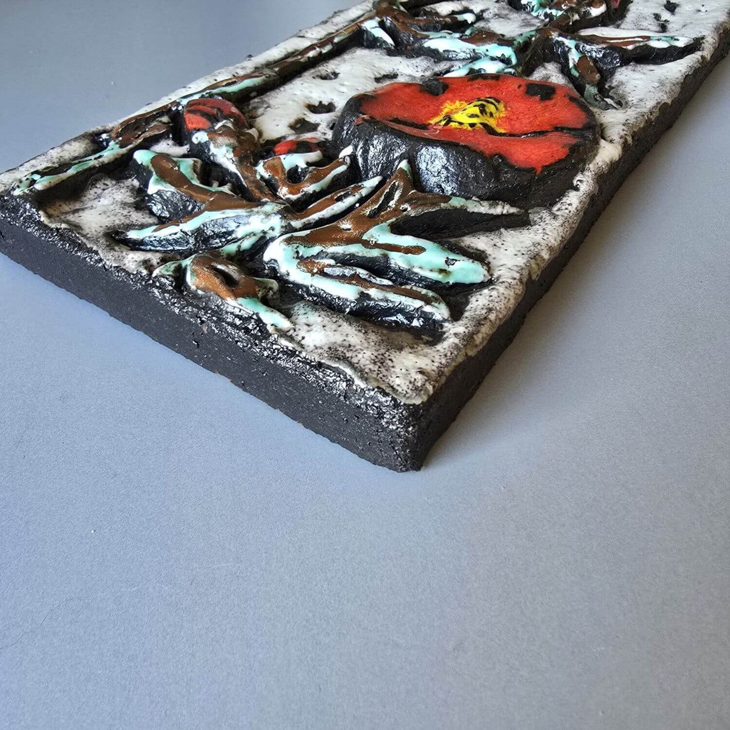 Ruscha Wandtafel aus Keramik, Wandplatte roter Mohn, 1960er