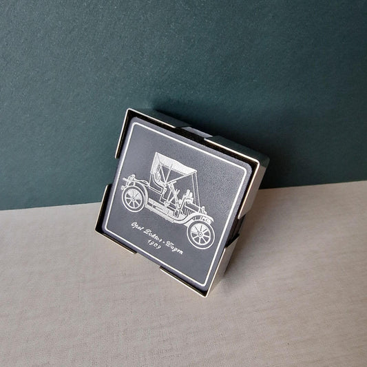 Untersetzer Set - 70s - im Ständer aus Chrom - Oldtimer - schwarz - silber