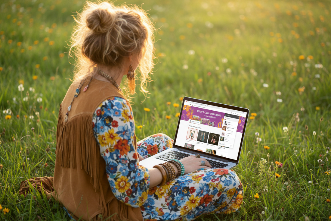 Frau mit Laptop auf einer Wiese
