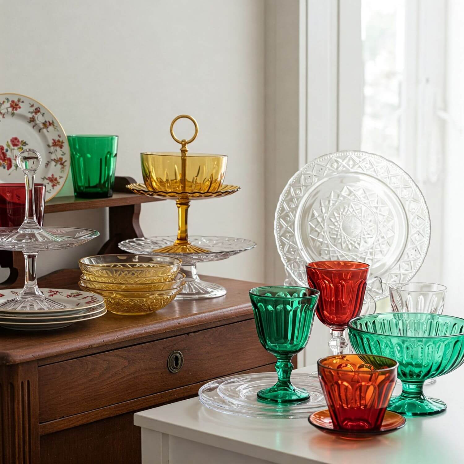 Transparente und bunte Schalen, Etageren, Platten und Zierteller auch Glas