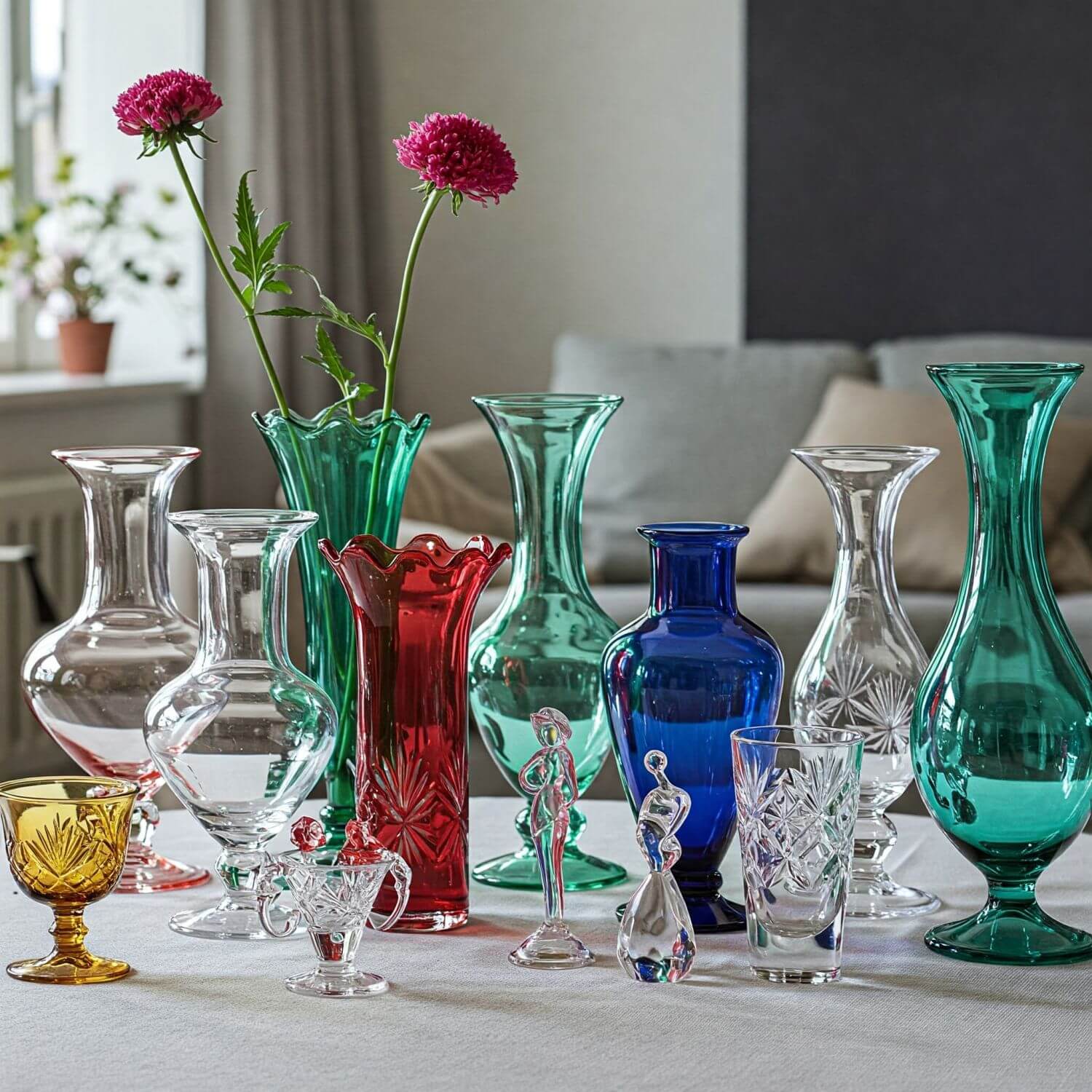 Zylindrische und bauchige Vasen aus Glas. Transparent, grün, rot, blau und braun