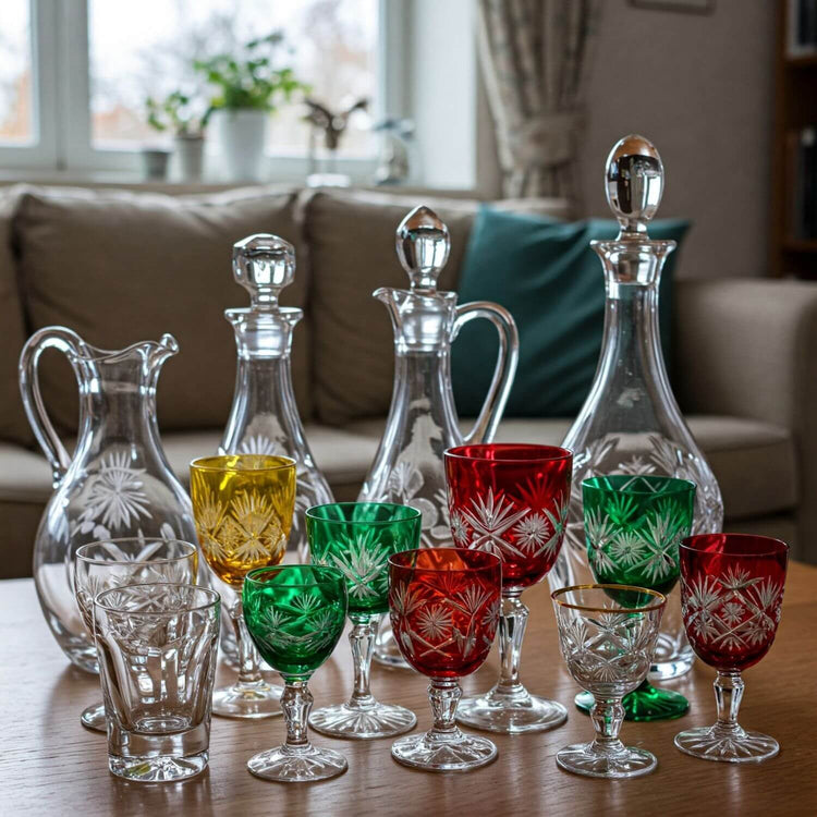 Geschliffene Karaffen, bunte und transparente Gläser, Stielgläser