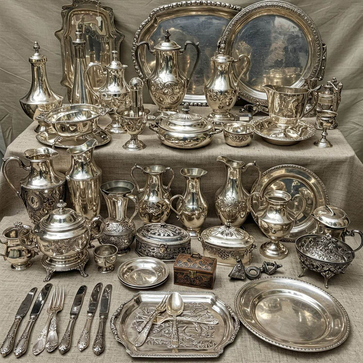 Silberne Kannen, Krüge, Teller, Besteckteile, Dosen, Tabletts, Servierplatte, Karaffen, Becher und Schalen