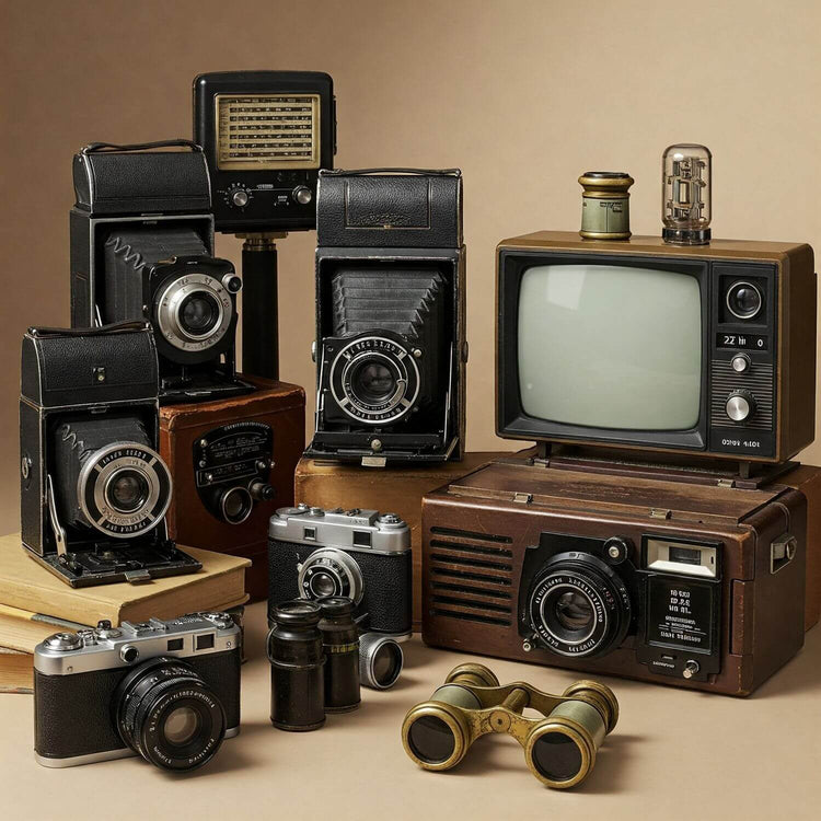 Antike Kameras, Mikrophone, Vintage TV Gerät und Radio