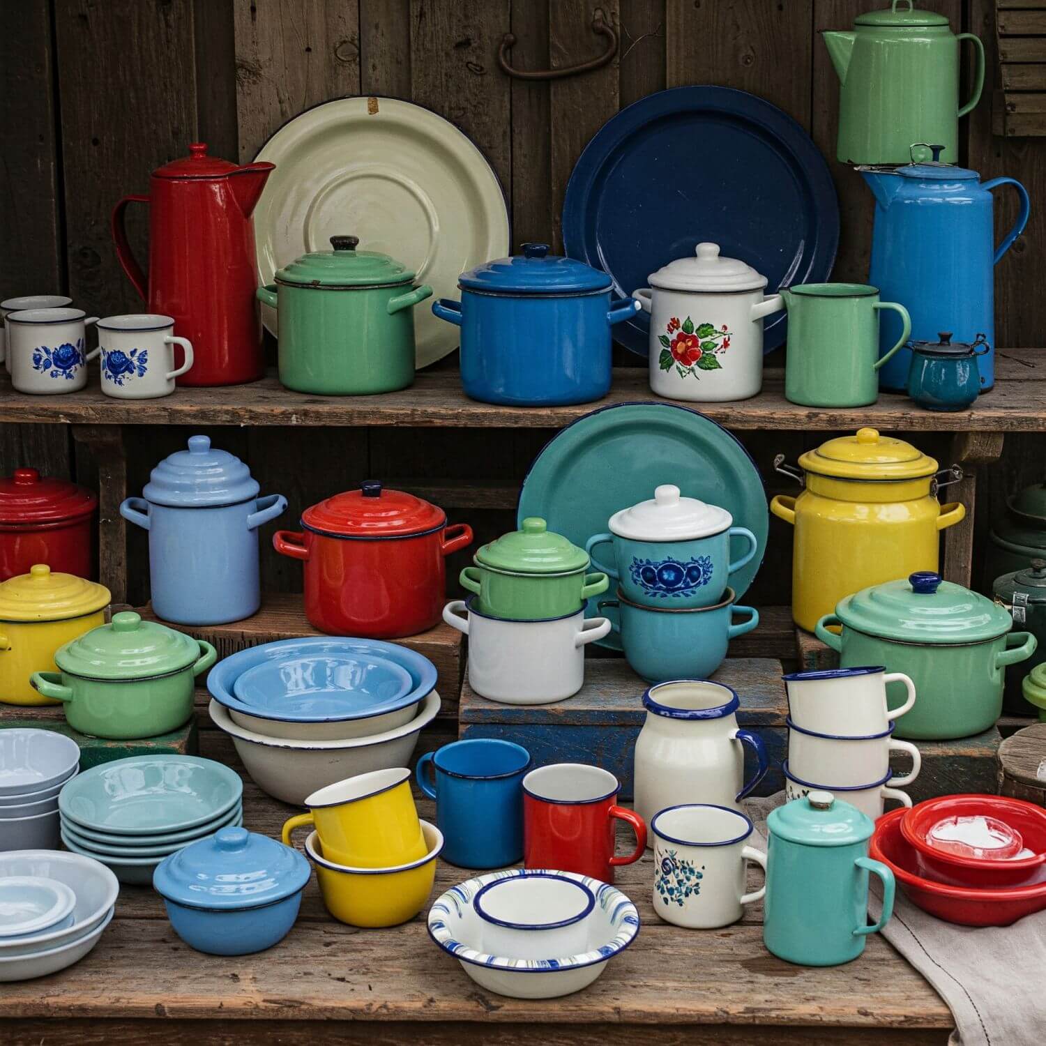 Emaillierte Töpfe, Schüsseln, Schalen, Teller, Kannen und Becher in bunten Farben