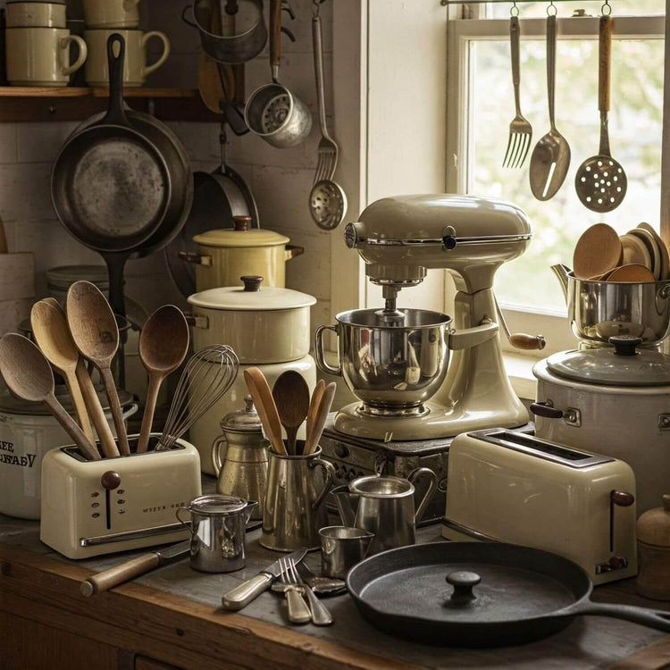Küche mit Vintage Töpfen, Sevier- und Kochutensilien, alte Küchenmaschinen