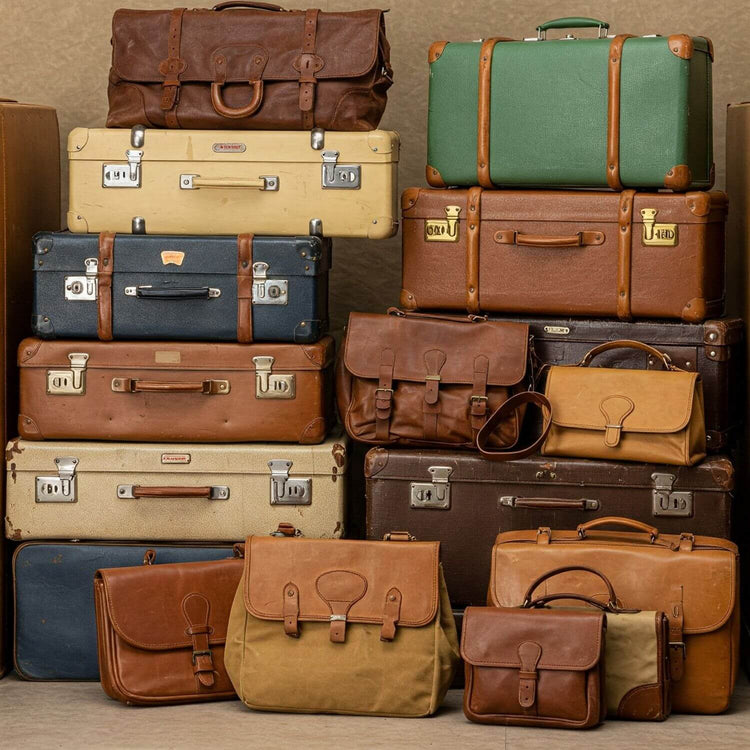 Aufgetürmte alte Koffer in unterschiedlichem Material und Farbe, dekoriert mit diversen Vintage Taschen