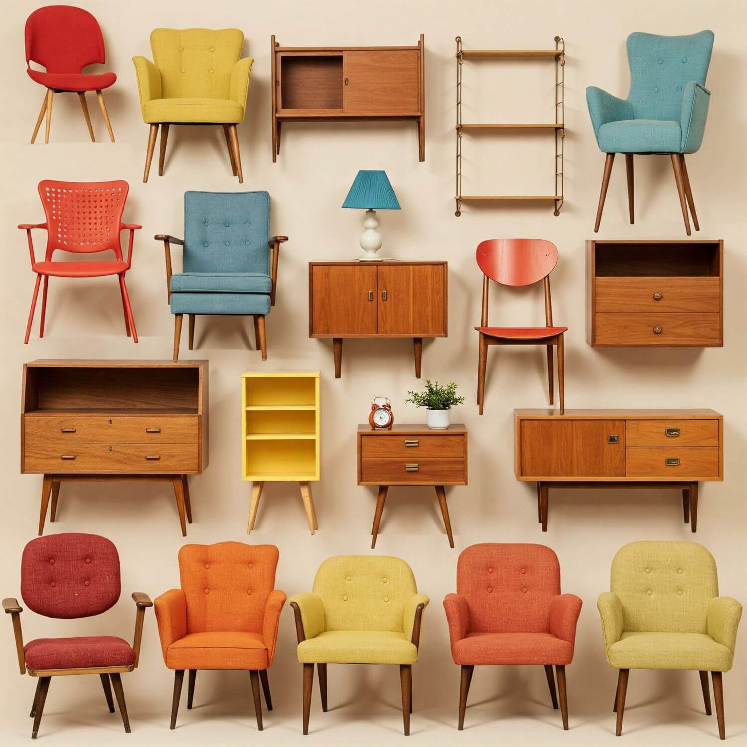 Vintage Möbel, mid century Regale, Lounge Chairs, Ohrensessel, Kommeden, Sekretär, Stühle und kleine Schränke