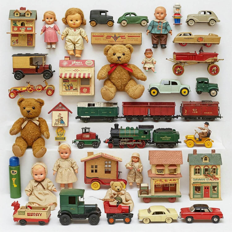Vintage Spielzeug, Teddys, puppen, Fahrzeuge, Eisenbahn