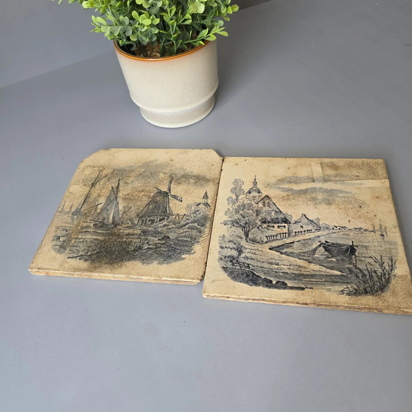 2er Set antike Wandfliesen - Holland - Delft