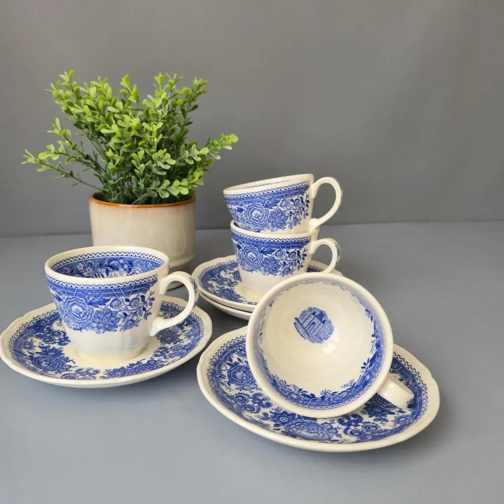 Set aus 4 Kaffeetassen mit Untertellern - Villeroy & Boch Burgenland Blau - Schwarze Bodenmarke