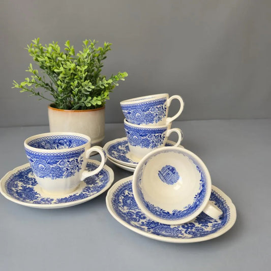 Set aus 4 Kaffeetassen mit Untertellern - Villeroy & Boch Burgenland Blau - Schwarze Bodenmarke