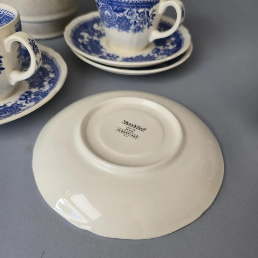 Set aus 4 Kaffeetassen mit Untertellern - Villeroy & Boch Burgenland Blau - Schwarze Bodenmarke