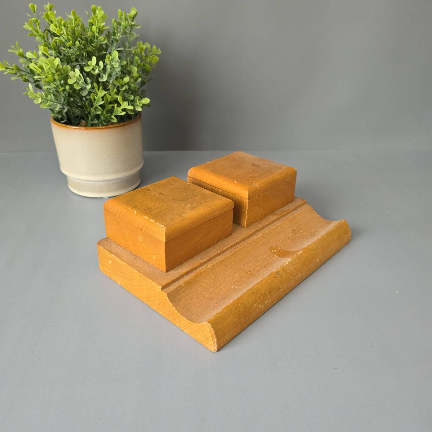 Vintage Schreibtisch Garnitur - Tintenfass - Helles Holz und Glas