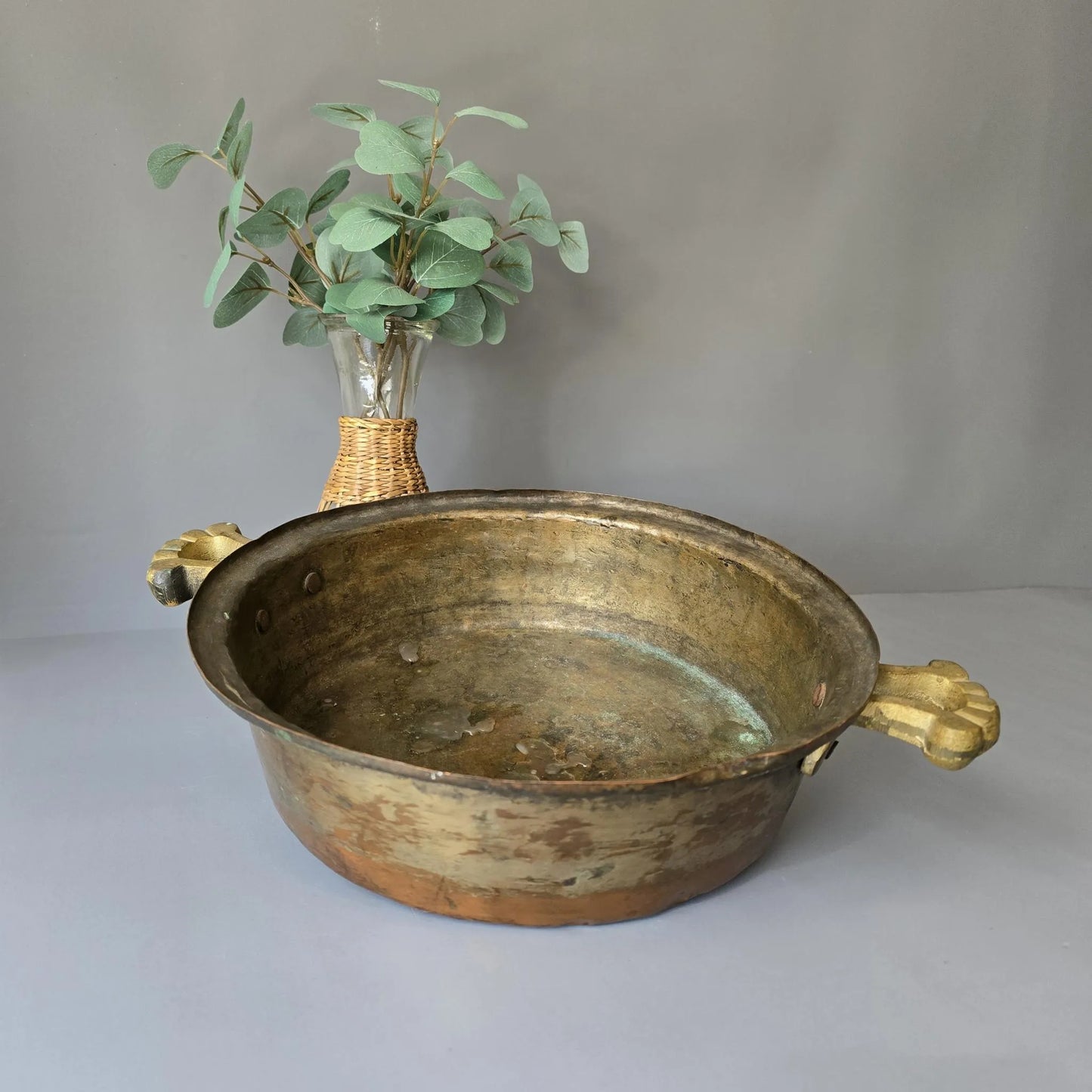 Großer Vintage Kupfertopf - flacher großer Topf - Gartendeko