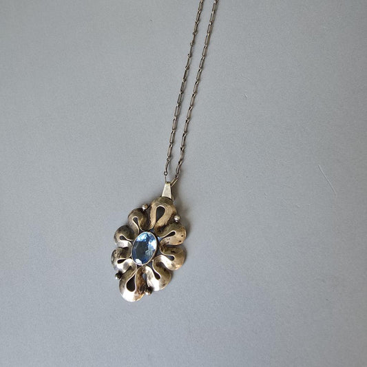 Vintage Silber Kette mit Anhänger - 835 Silber mit Aquamarin - Jugendstil