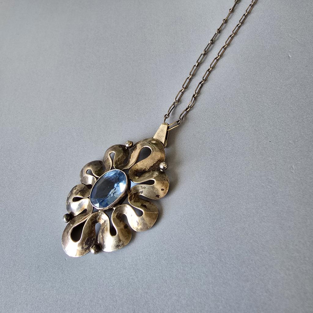 Vintage Silber Kette mit Anhänger - 835 Silber mit Aquamarin - Jugendstil
