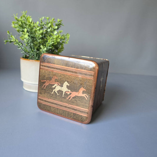 Eckige Blechdose, Bremer Ogo Kaffee, Motiv Pferde, mid century
