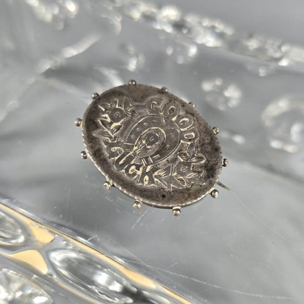 Englische Silber Brosche - Antik - Good Luck mit Hufeisen