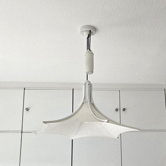 Mid Century Domus Pendelleuchte mit Lampengewicht, weißes Teakholz