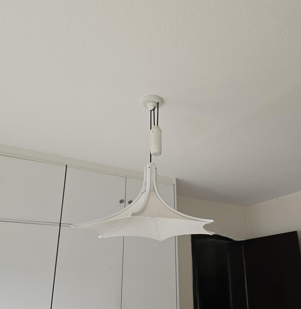 Mid Century Domus Pendelleuchte mit Lampengewicht, weißes Teakholz
