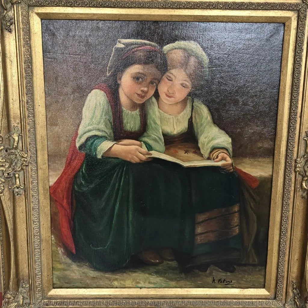 Gemälde in Prunkrahmen - Öl auf leinwand - Repro Léon-Jean-Bazile Perrault - Eine interessante Geschichte