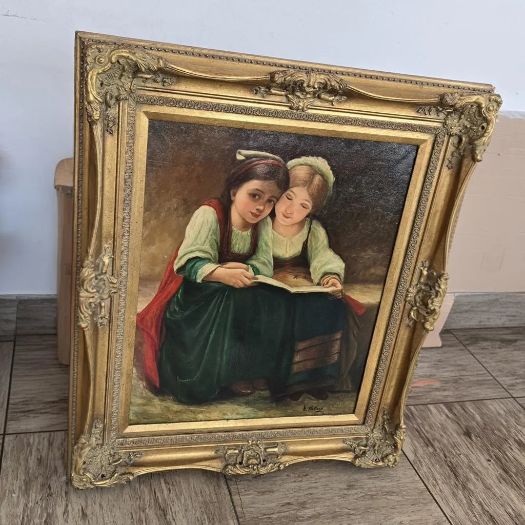 Gemälde in Prunkrahmen - Öl auf leinwand - Repro Léon-Jean-Bazile Perrault - Eine interessante Geschichte