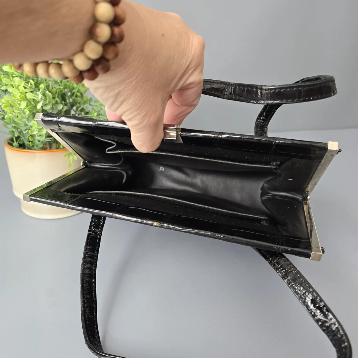Vintage Handtasche - Art Deco - Schwarzes Leder in Kroko Optik
