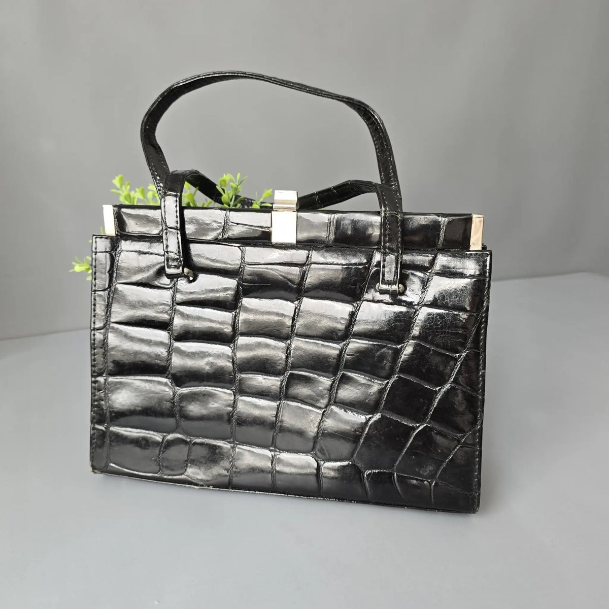 Vintage Handtasche - Art Deco - Schwarzes Leder in Kroko Optik