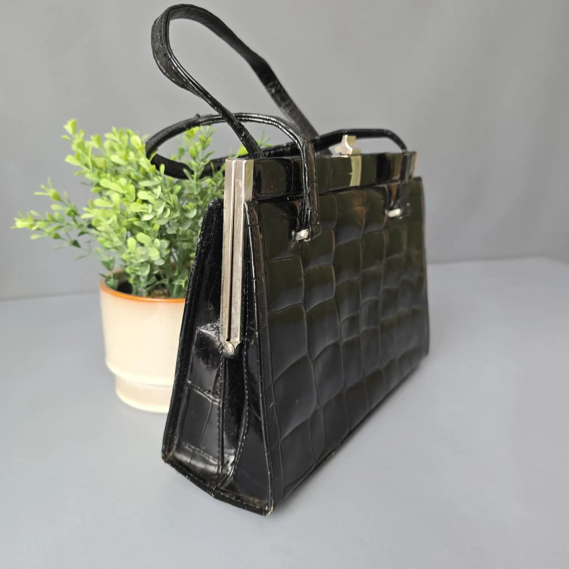 Vintage Handtasche - Art Deco - Schwarzes Leder in Kroko Optik