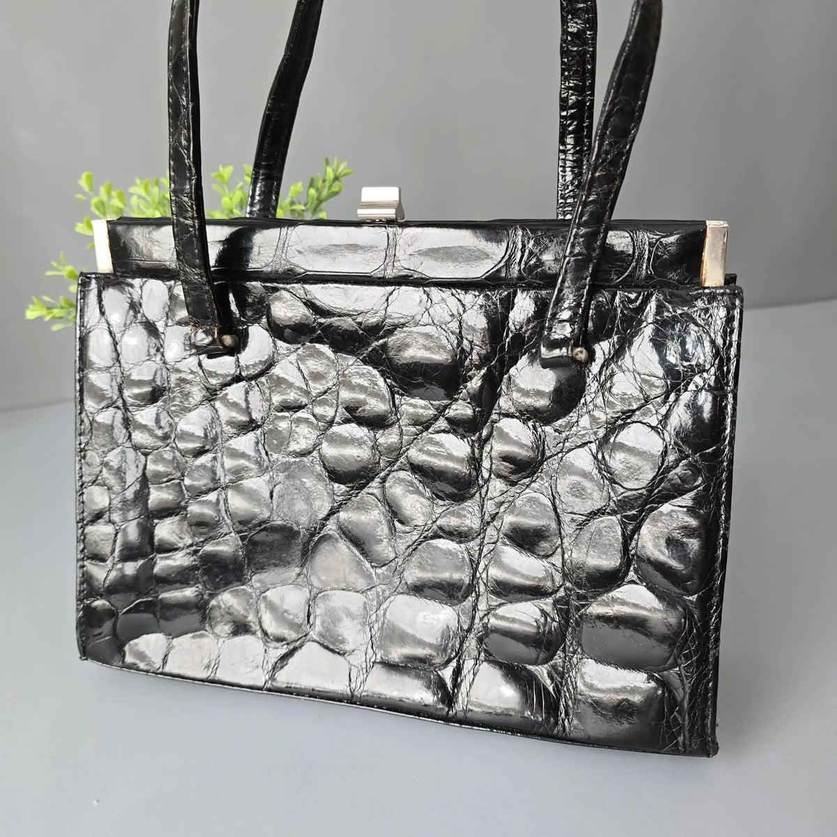 Vintage Handtasche - Art Deco - Schwarzes Leder in Kroko Optik