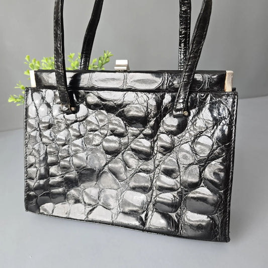 Vintage Handtasche - Art Deco - Schwarzes Leder in Kroko Optik
