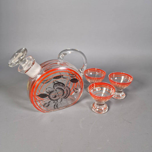 Vintage Karaffe mit Gläsern - Motiv schwarze Rose