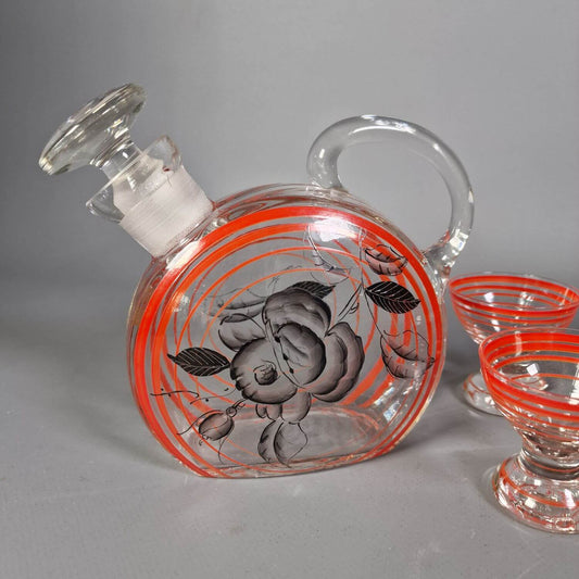 Vintage Karaffe mit Gläsern - Motiv schwarze Rose