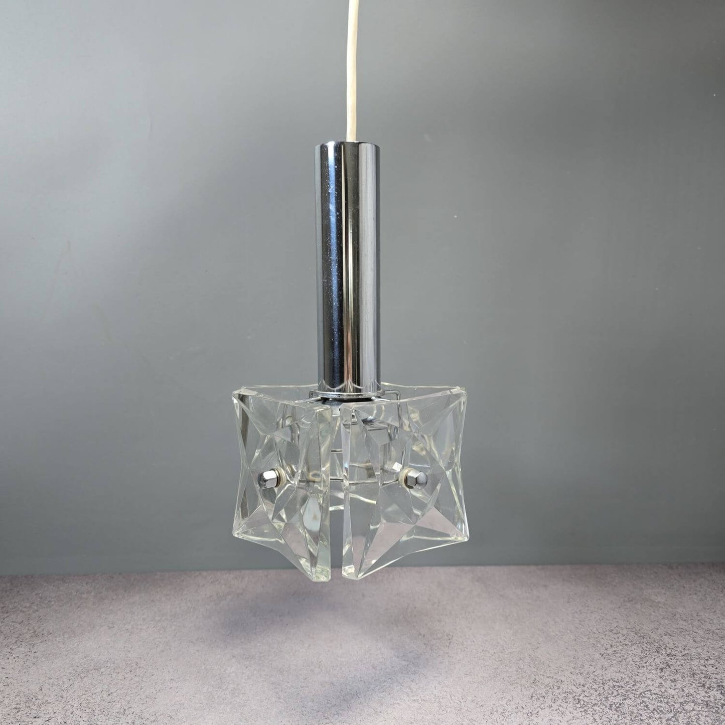 Vintage Deckenlampe Kinkeldey - mit kleinen Chips - Chrom und Kristall - 60er 70er Jahre