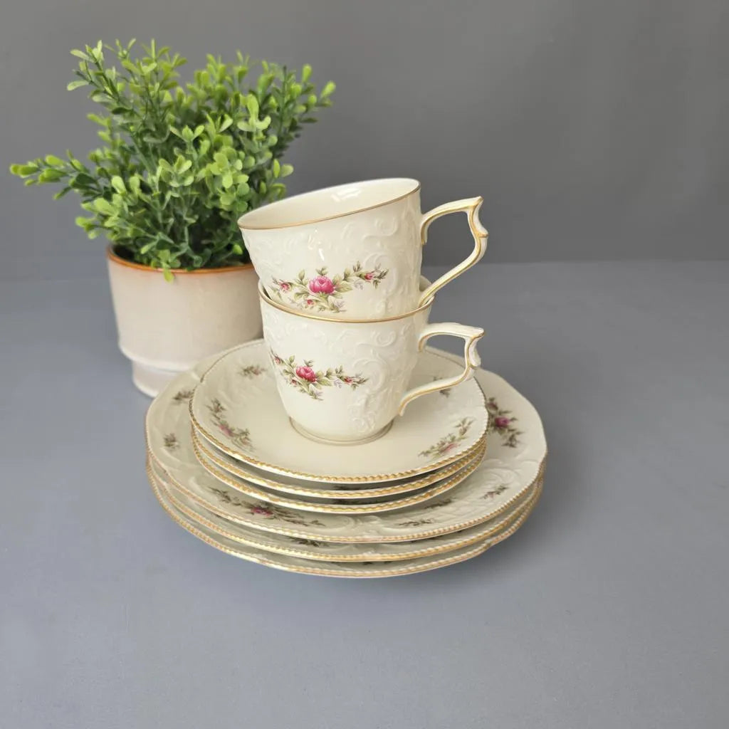 8 Teile Rosenthal Sanssouci elfenbeinfarben - Moosrose Ramona - Tassen Teller