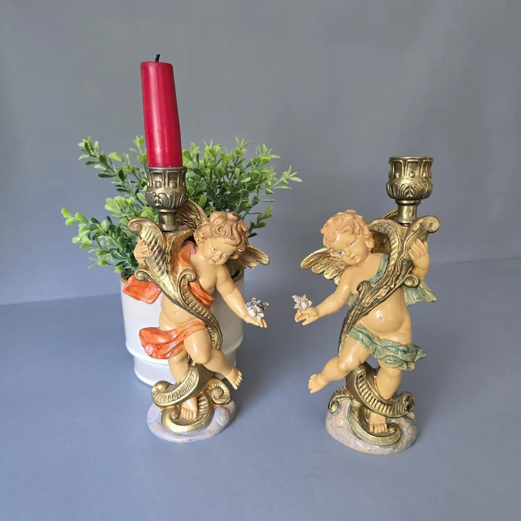 Paar Fontanini Kerzenständer Engel - Italien- Polyresin