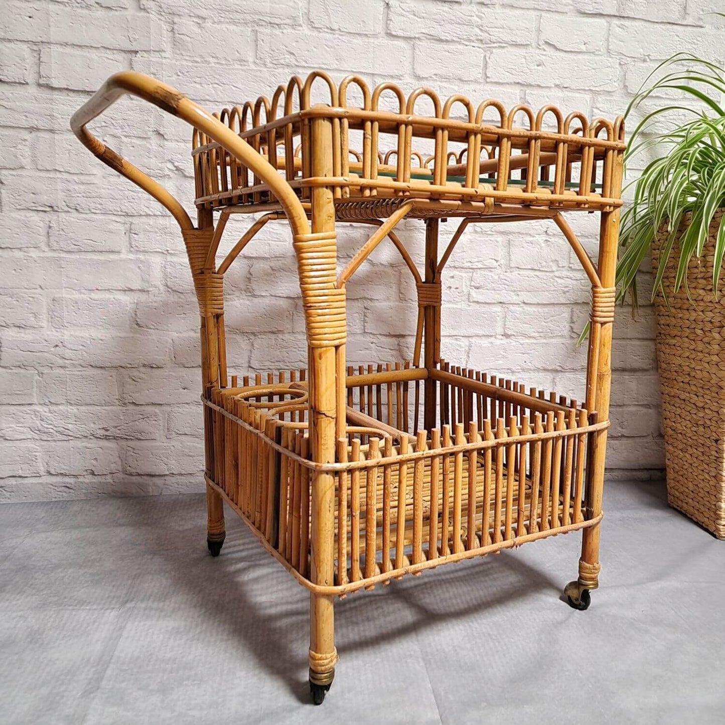 Boho Servierwagen Bambus Rattan - Mid-Century Teewagen 60er 70er Jahre