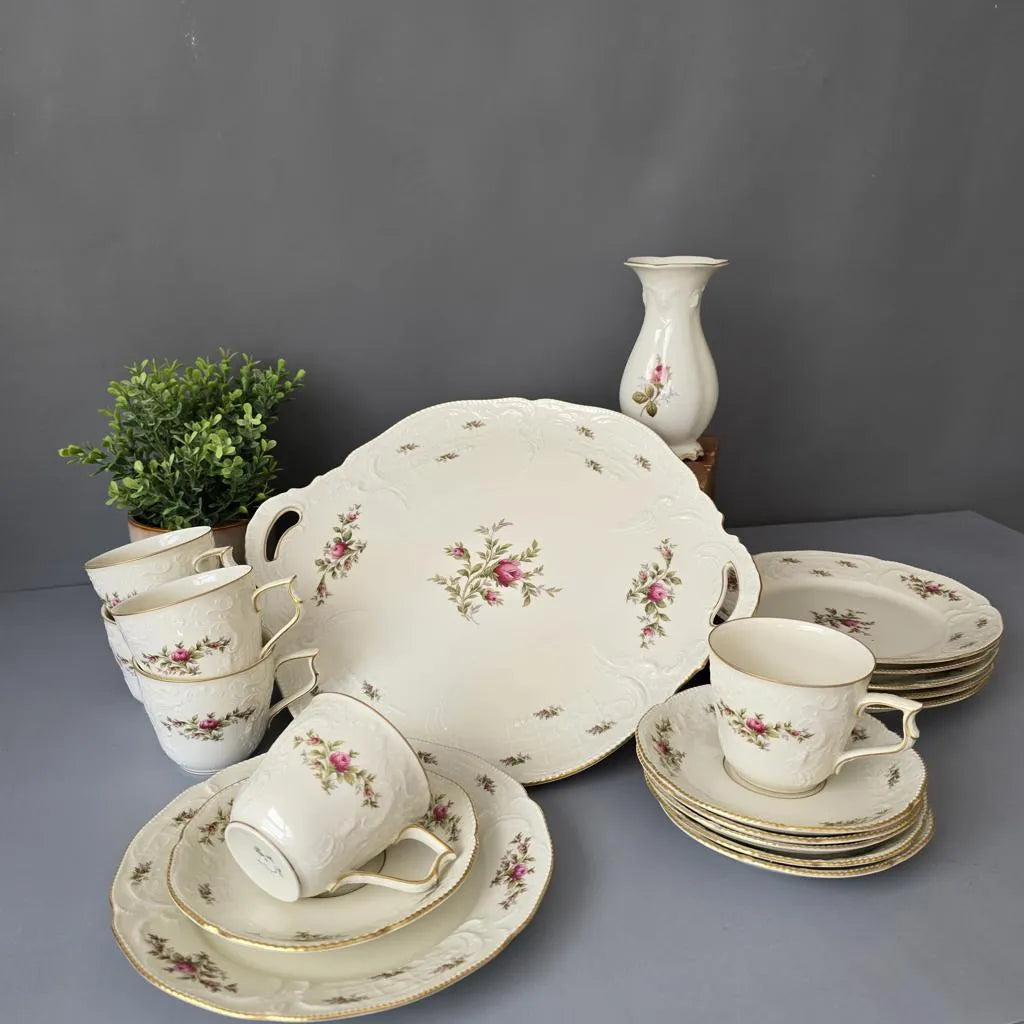 Rosenthal Kaffeeservice - 6 Personen - Sanssouci Moosrose in elfenbeinfarben - Tortenplatte - Vase