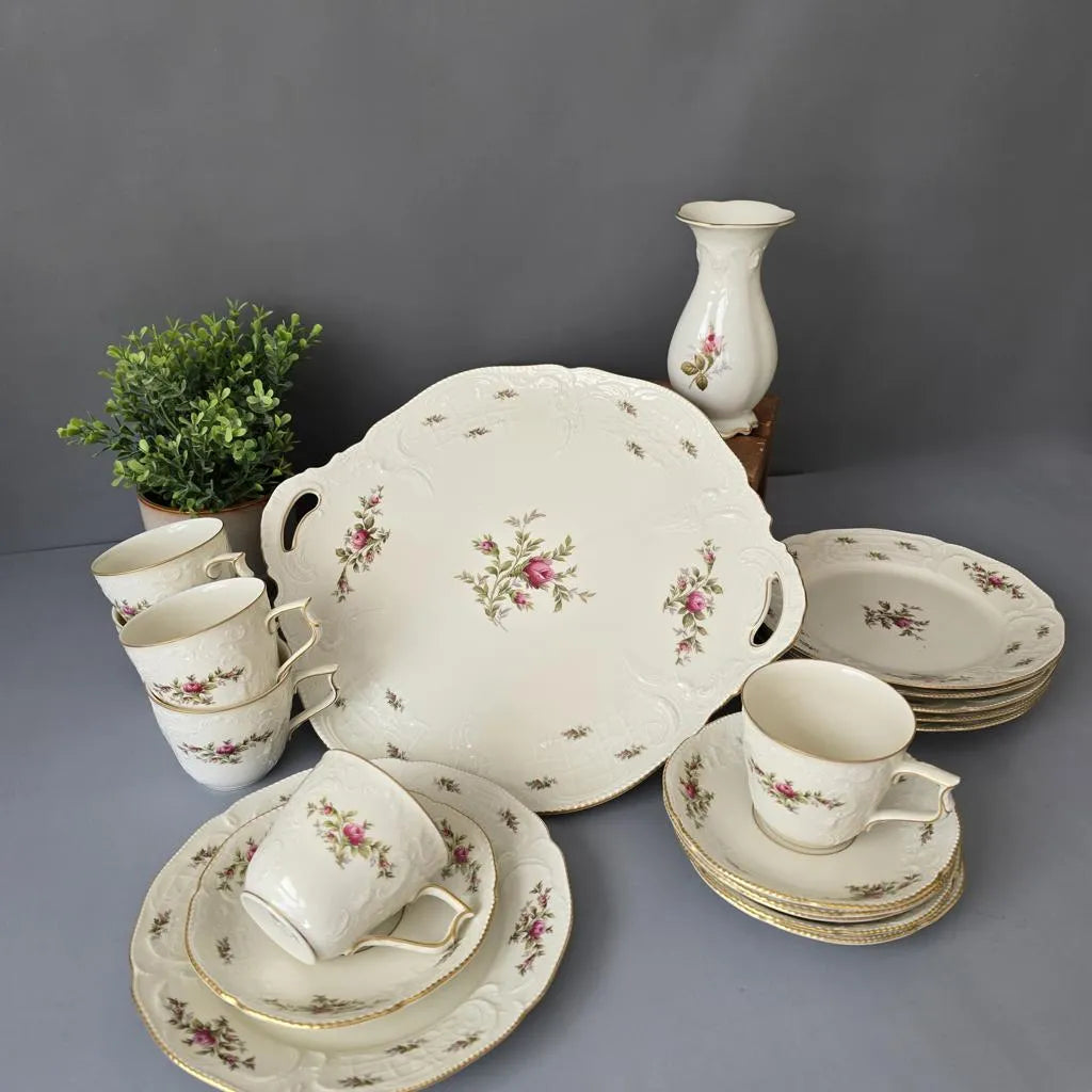 Rosenthal Kaffeeservice - 6 Personen - Sanssouci Moosrose in elfenbeinfarben - Tortenplatte - Vase