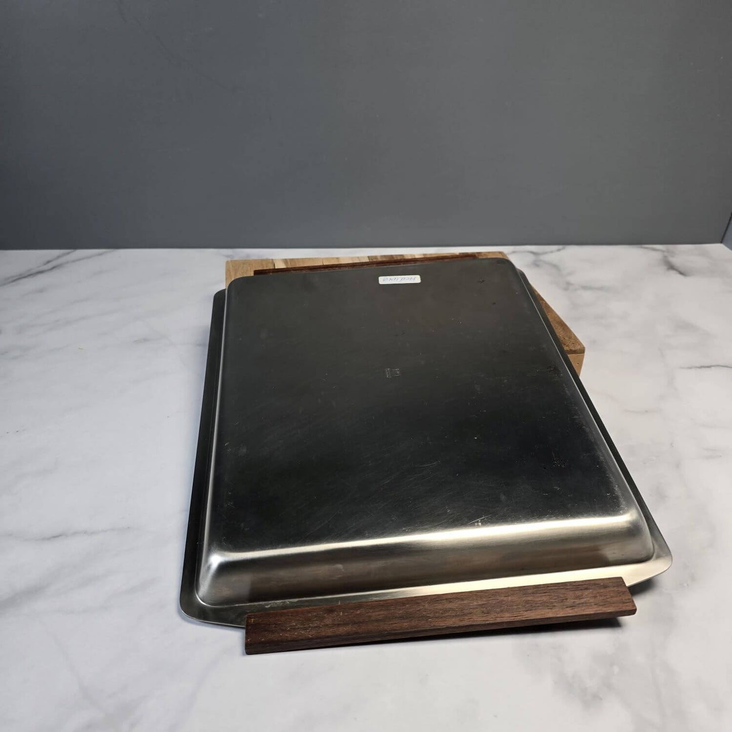 Kleeblatt komplet Edelstahl Servierplatte mit Teakholz Griffen - in Verpackung - 60er Jahre