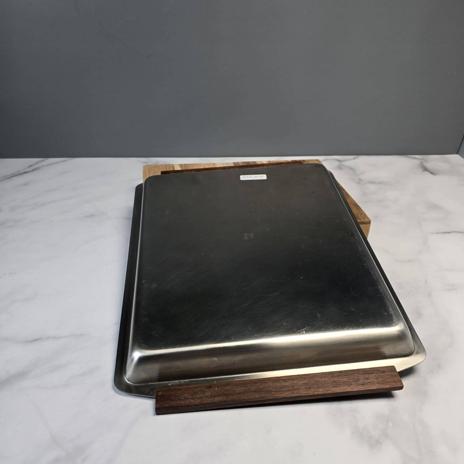 Kleeblatt komplet Edelstahl Servierplatte mit Teakholz Griffen - in Verpackung - 60er Jahre