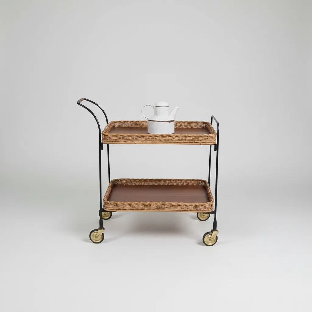 Barwagen - Servierwagen mit abnehmbaren Tabletts mit Korbgeflecht - 1960 1970