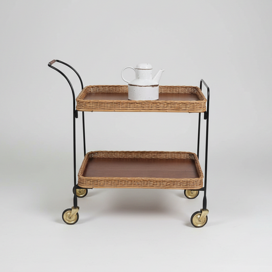 Barwagen - Servierwagen mit abnehmbaren Tabletts mit Korbgeflecht - 1960 1970