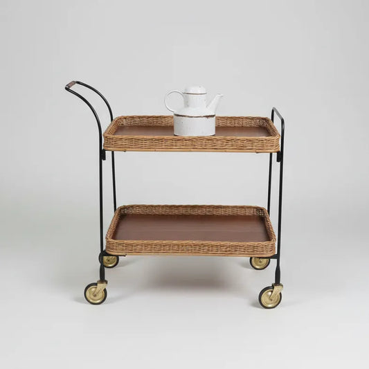 Barwagen - Servierwagen mit abnehmbaren Tabletts mit Korbgeflecht - 1960 1970