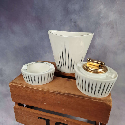 3 Teile Sgrafo Modern 50s Porzellan - Tischfeuerzeug - Aschenbecher - Vase