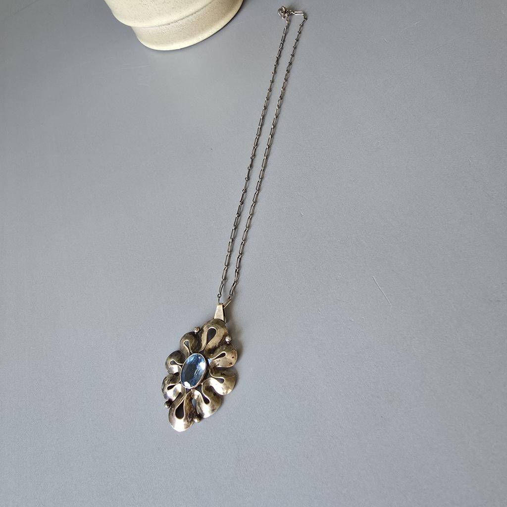 Vintage Silber Kette mit Anhänger - 835 Silber mit Aquamarin - Jugendstil
