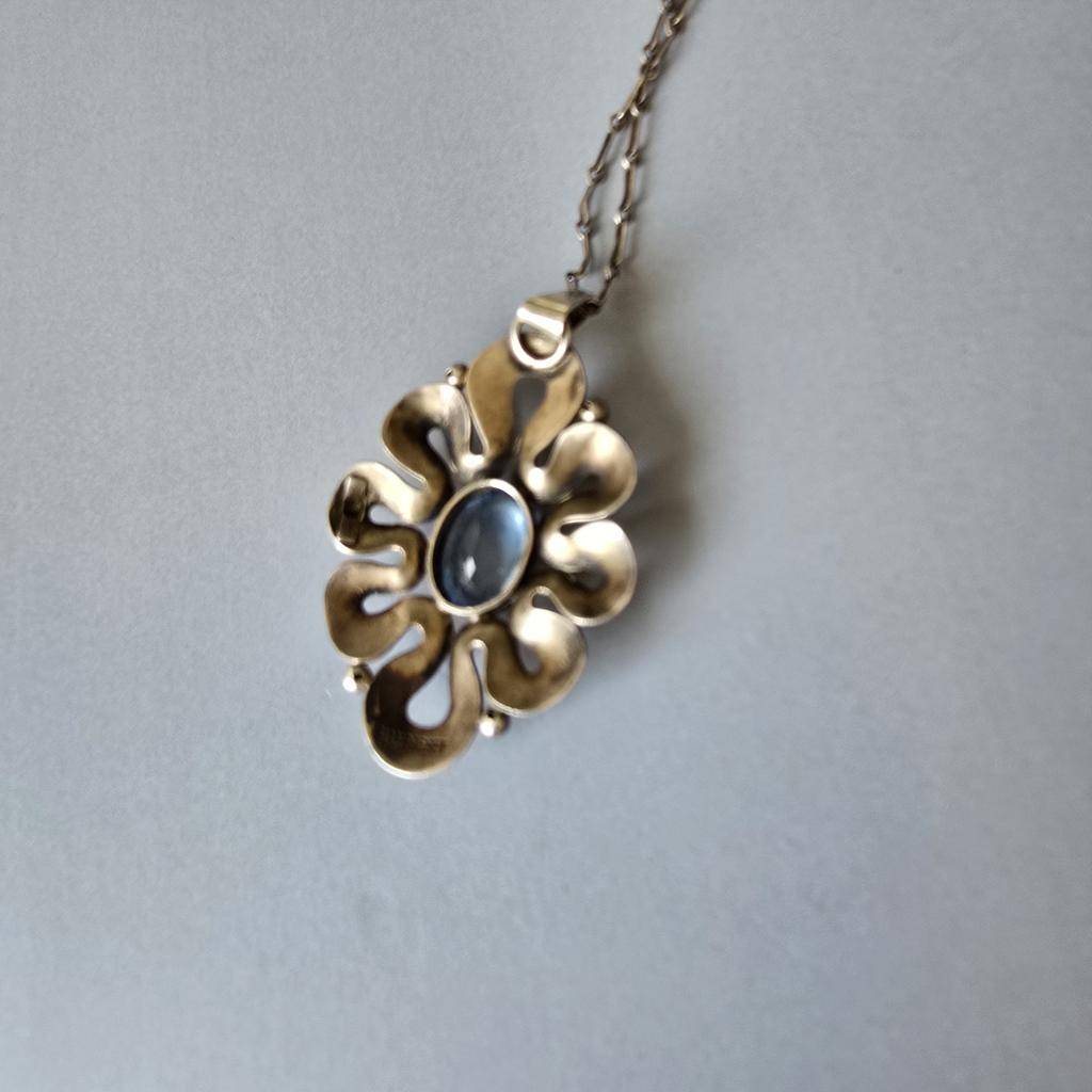 Vintage Silber Kette mit Anhänger - 835 Silber mit Aquamarin - Jugendstil